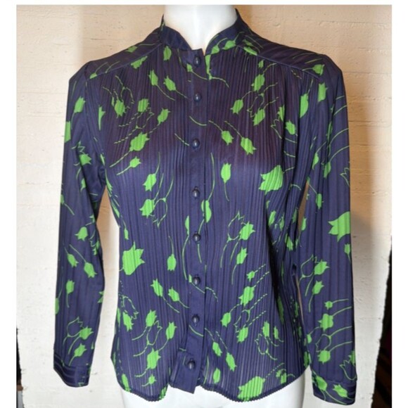 Unknown Tops - Vintage Julie Francis Botanical Tulip Print Pleated Blouse Made in England 10